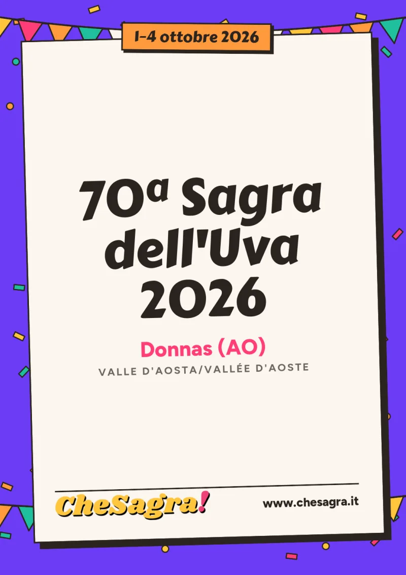 70ª Sagra dell'Uva 2026 a Donnas, 1–4 ottobre 2026