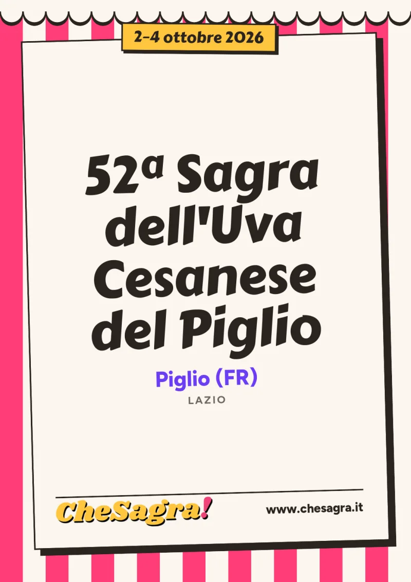 52ª Sagra dell'Uva Cesanese del Piglio a Piglio, 2–4 ottobre 2026