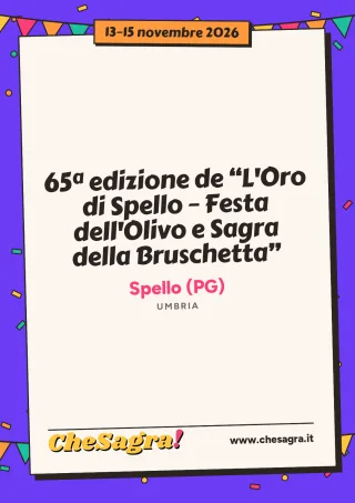 65ª edizione de “L'Oro di Spello – Festa dell'Olivo e Sagra della Bruschetta” a Spello, 13–15 novembre 2026
